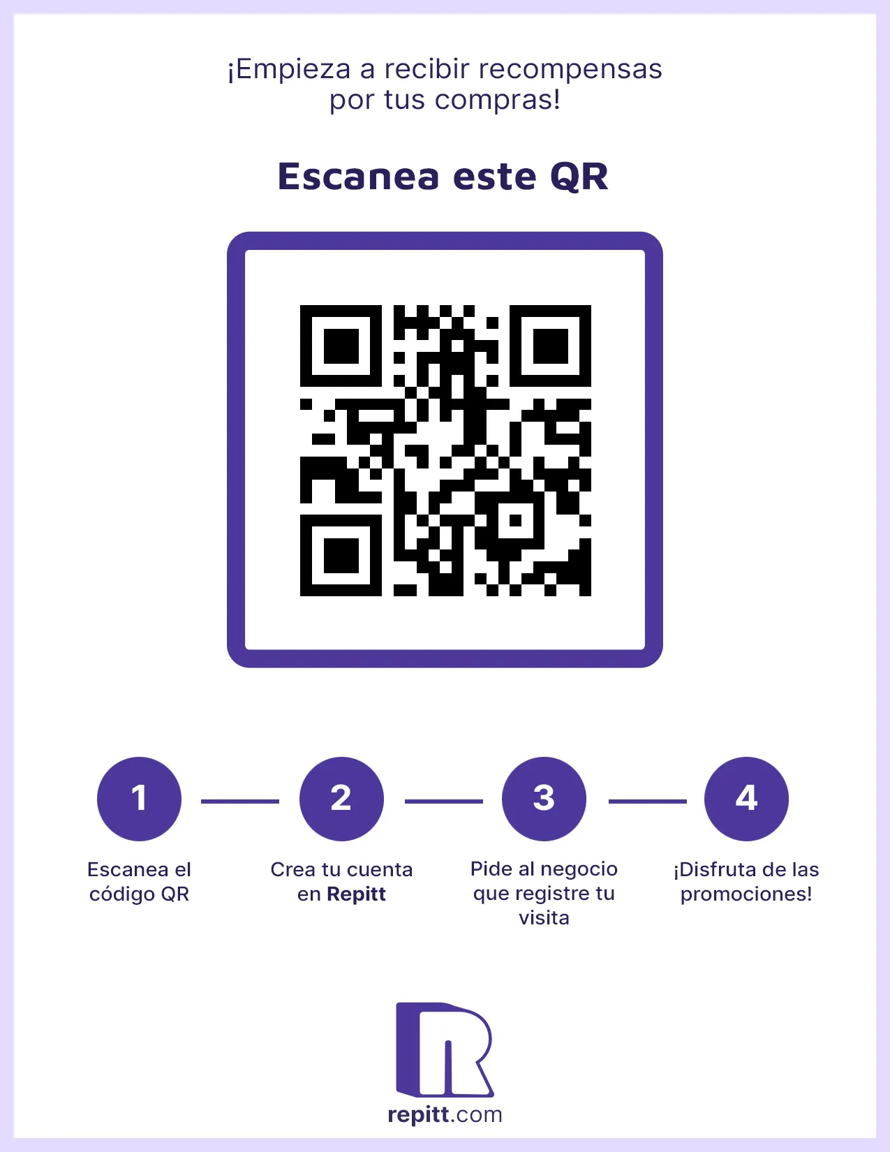 Flyer de Repitt listo para imprimir: «Escanea este QR», el código QR del negocio y los cuatro pasos para unirse.